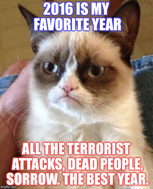 Grumpy Cat | 2016 IS MY FAVORITE YEAR; ALL THE TERRORIST ATTACKS, DEAD PEOPLE, SORROW. THE BEST YEAR. | image tagged in memes,grumpy cat | made w/ Imgflip meme maker