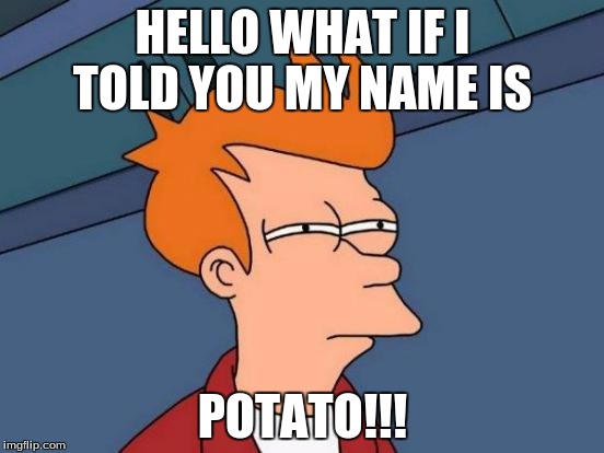 Futurama Fry Meme | HELLO WHAT IF I TOLD YOU MY NAME IS; POTATO!!! | image tagged in memes,futurama fry | made w/ Imgflip meme maker