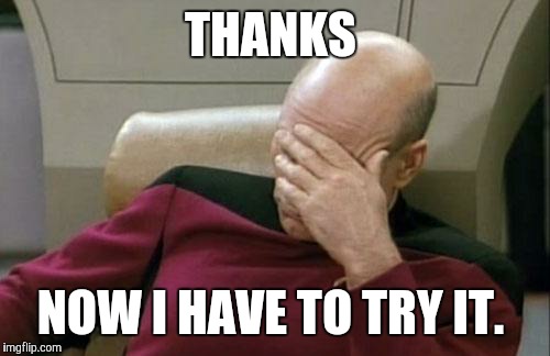 Captain Picard Facepalm Meme | THANKS NOW I HAVE TO TRY IT. | image tagged in memes,captain picard facepalm | made w/ Imgflip meme maker