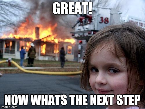 Disaster Girl Meme | GREAT! NOW WHATS THE NEXT STEP | image tagged in memes,disaster girl | made w/ Imgflip meme maker