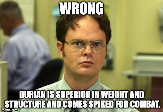 Dwight Schrute Meme | WRONG; DURIAN IS SUPERIOR IN WEIGHT AND STRUCTURE AND COMES SPIKED FOR COMBAT. | image tagged in memes,dwight schrute | made w/ Imgflip meme maker