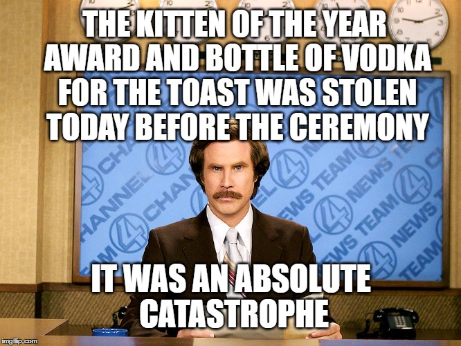 Ron Burgandy Kitten of the Year | THE KITTEN OF THE YEAR AWARD AND BOTTLE OF VODKA FOR THE TOAST WAS STOLEN TODAY BEFORE THE CEREMONY; IT WAS AN ABSOLUTE CATASTROPHE | image tagged in ron burgandy,memes,kittens,vodka,pets,anchorman news update | made w/ Imgflip meme maker