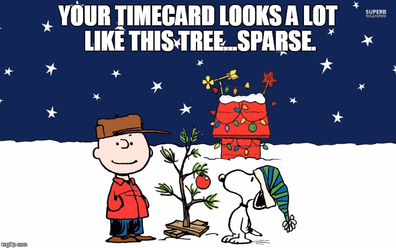 YOUR TIMECARD LOOKS A LOT LIKE THIS TREE...SPARSE. | image tagged in snoopy | made w/ Imgflip meme maker