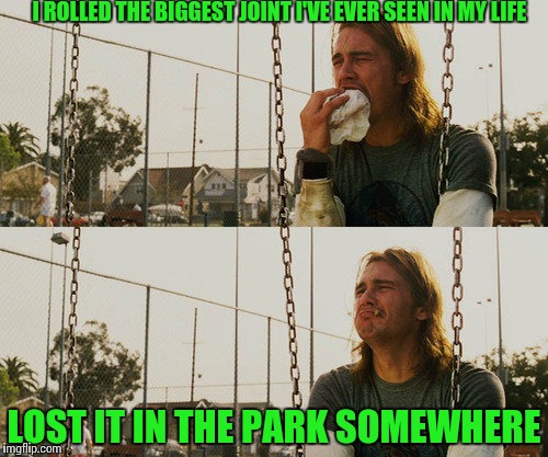 First World Stoner Problems Meme | I ROLLED THE BIGGEST JOINT I'VE EVER SEEN IN MY LIFE; LOST IT IN THE PARK SOMEWHERE | image tagged in memes,first world stoner problems | made w/ Imgflip meme maker