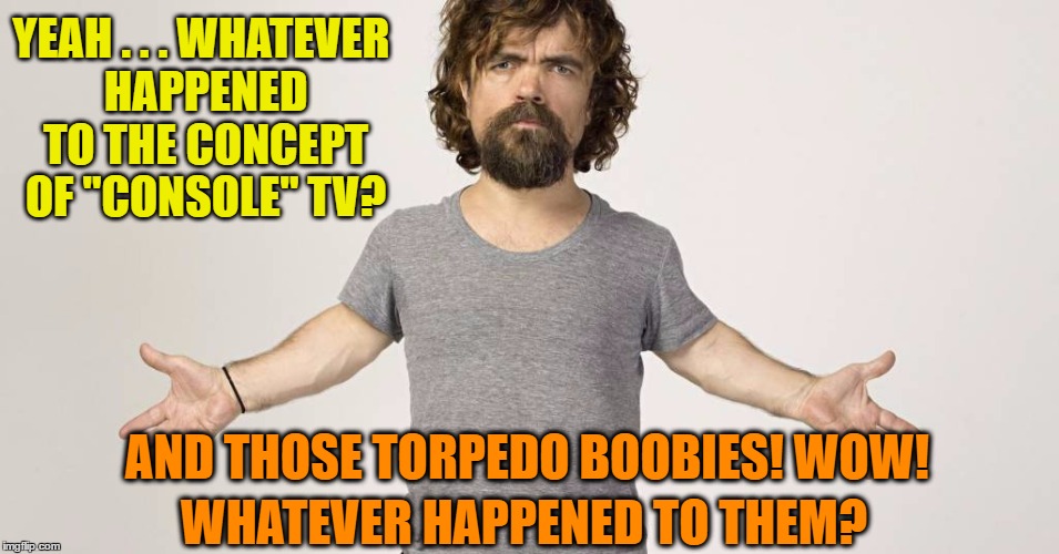 Comment Post | YEAH . . . WHATEVER HAPPENED TO THE CONCEPT OF "CONSOLE" TV? AND THOSE TORPEDO BOOBIES! WOW! WHATEVER HAPPENED TO THEM? | image tagged in peter dinklage | made w/ Imgflip meme maker