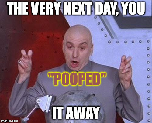 Dr Evil Laser Meme | THE VERY NEXT DAY, YOU IT AWAY "POOPED" | image tagged in memes,dr evil laser | made w/ Imgflip meme maker