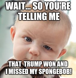Skeptical Baby Meme | WAIT... SO YOU'RE TELLING ME; THAT  TRUMP WON AND I MISSED MY SPONGEBOB! | image tagged in memes,skeptical baby | made w/ Imgflip meme maker