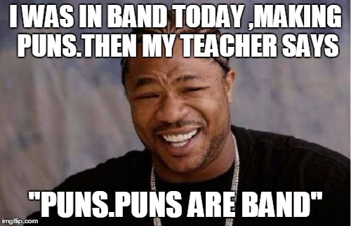 Yo Dawg Heard You | I WAS IN BAND TODAY ,MAKING PUNS.THEN MY TEACHER SAYS; "PUNS.PUNS ARE BAND" | image tagged in memes,yo dawg heard you | made w/ Imgflip meme maker