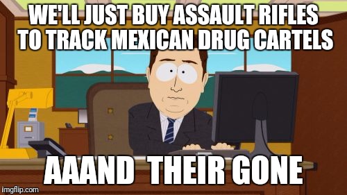 Aaaaand Its Gone | WE'LL JUST BUY ASSAULT RIFLES TO TRACK MEXICAN DRUG CARTELS; AAAND  THEIR GONE | image tagged in memes,aaaaand its gone | made w/ Imgflip meme maker