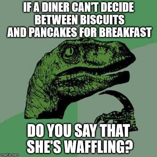 Daily Conundrum | IF A DINER CAN'T DECIDE BETWEEN BISCUITS AND PANCAKES FOR BREAKFAST; DO YOU SAY THAT SHE'S WAFFLING? | image tagged in memes,philosoraptor,breakfast | made w/ Imgflip meme maker