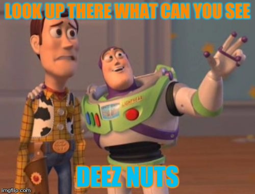X, X Everywhere Meme | LOOK UP THERE WHAT CAN YOU SEE; DEEZ NUTS | image tagged in memes,x x everywhere | made w/ Imgflip meme maker