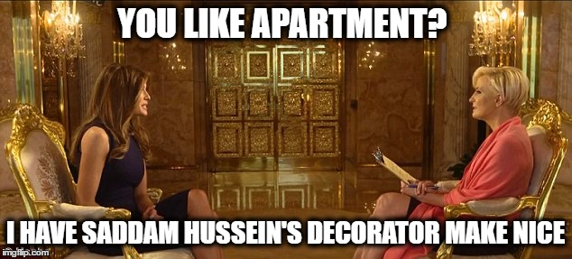 Yea she cares about you confed waving workin folks. | YOU LIKE APARTMENT? I HAVE SADDAM HUSSEIN'S DECORATOR MAKE NICE | image tagged in memes,politics,melania trump,gross,maga | made w/ Imgflip meme maker