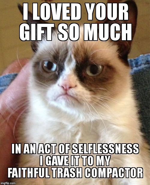 Christmas. | I LOVED YOUR GIFT SO MUCH; IN AN ACT OF SELFLESSNESS I GAVE IT TO MY FAITHFUL TRASH COMPACTOR | image tagged in memes,grumpy cat | made w/ Imgflip meme maker