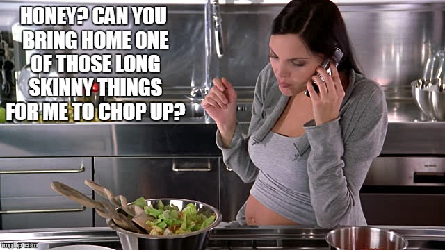 HONEY? CAN YOU BRING HOME ONE OF THOSE LONG SKINNY THINGS FOR ME TO CHOP UP? | made w/ Imgflip meme maker