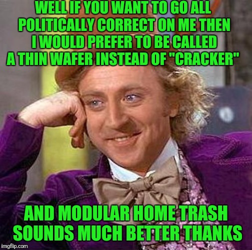 Creepy Condescending Wonka | WELL IF YOU WANT TO GO ALL POLITICALLY CORRECT ON ME THEN I WOULD PREFER TO BE CALLED A THIN WAFER INSTEAD OF "CRACKER"; AND MODULAR HOME TRASH SOUNDS MUCH BETTER THANKS | image tagged in memes,creepy condescending wonka | made w/ Imgflip meme maker