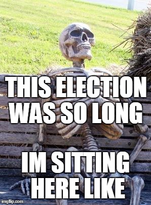 Waiting Skeleton | THIS ELECTION WAS SO LONG; IM SITTING HERE LIKE | image tagged in memes,waiting skeleton | made w/ Imgflip meme maker