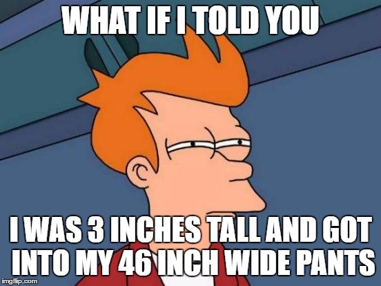 Futurama Fry Meme | WHAT IF I TOLD YOU I WAS 3 INCHES TALL AND GOT INTO MY 46 INCH WIDE PANTS | image tagged in memes,futurama fry | made w/ Imgflip meme maker