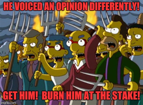 Simpsons Mob | HE VOICED AN OPINION DIFFERENTLY! GET HIM!  BURN HIM AT THE STAKE! | image tagged in simpsons mob | made w/ Imgflip meme maker