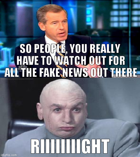 Did I really just hear Brian Williams say that? | SO PEOPLE, YOU REALLY HAVE TO WATCH OUT FOR ALL THE FAKE NEWS OUT THERE; RIIIIIIIIGHT | image tagged in memes,brian williams was there 2,dr evil right,fake news,biased media,media lies | made w/ Imgflip meme maker
