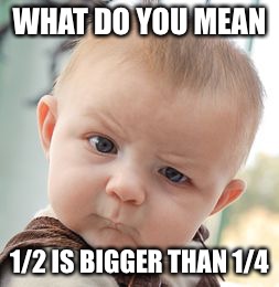 Skeptical Baby | WHAT DO YOU MEAN; 1/2 IS BIGGER THAN 1/4 | image tagged in memes,skeptical baby | made w/ Imgflip meme maker