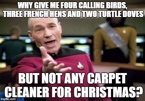 Picard Wtf | WHY GIVE ME FOUR CALLING BIRDS, THREE FRENCH HENS AND TWO TURTLE DOVES; BUT NOT ANY CARPET CLEANER FOR CHRISTMAS? | image tagged in memes,picard wtf | made w/ Imgflip meme maker