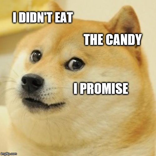 Doge | I DIDN'T EAT; THE CANDY; I PROMISE | image tagged in memes,doge | made w/ Imgflip meme maker