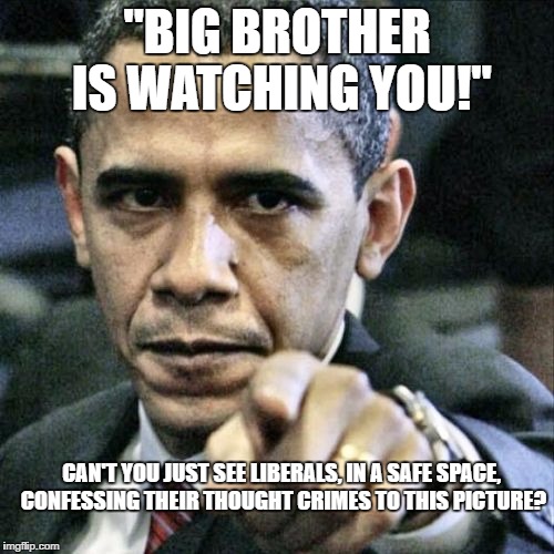 Pissed Off Obama Meme | "BIG BROTHER IS WATCHING YOU!"; CAN'T YOU JUST SEE LIBERALS, IN A SAFE SPACE, CONFESSING THEIR THOUGHT CRIMES TO THIS PICTURE? | image tagged in memes,pissed off obama | made w/ Imgflip meme maker