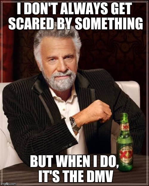 The Most Interesting Man In The World Meme | I DON'T ALWAYS GET SCARED BY SOMETHING BUT WHEN I DO, IT'S THE DMV | image tagged in memes,the most interesting man in the world | made w/ Imgflip meme maker