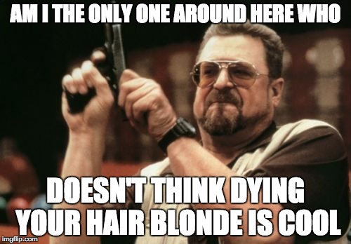 Am I The Only One Around Here Meme | AM I THE ONLY ONE AROUND HERE WHO; DOESN'T THINK DYING YOUR HAIR BLONDE IS COOL | image tagged in memes,am i the only one around here | made w/ Imgflip meme maker