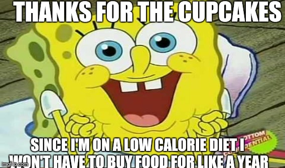THANKS FOR THE CUPCAKES SINCE I'M ON A LOW CALORIE DIET I WON'T HAVE TO BUY FOOD FOR LIKE A YEAR | made w/ Imgflip meme maker