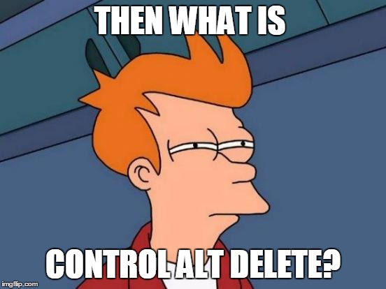 Futurama Fry Meme | THEN WHAT IS CONTROL ALT DELETE? | image tagged in memes,futurama fry | made w/ Imgflip meme maker