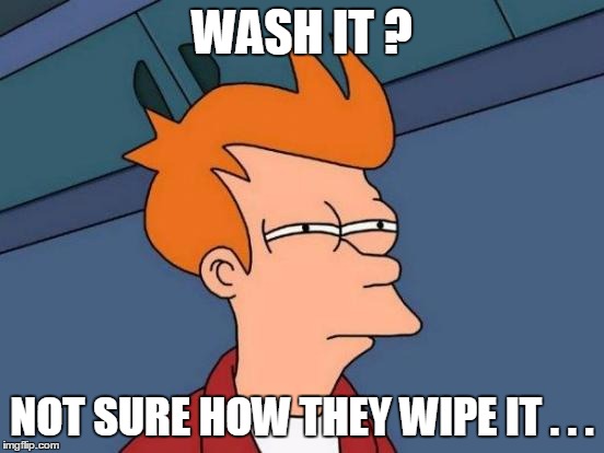 Futurama Fry Meme | WASH IT ? NOT SURE HOW THEY WIPE IT . . . | image tagged in memes,futurama fry | made w/ Imgflip meme maker