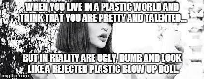 WHEN YOU LIVE IN A PLASTIC WORLD AND THINK THAT YOU ARE PRETTY AND TALENTED... BUT IN REALITY ARE UGLY, DUMB AND LOOK LIKE A REJECTED PLASTIC BLOW UP DOLL. | image tagged in fake,plastic,fugly | made w/ Imgflip meme maker