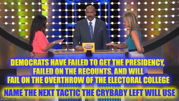 Family Feud | DEMOCRATS HAVE FAILED TO GET THE PRESIDENCY, FAILED ON THE RECOUNTS, AND WILL FAIL ON THE OVERTHROW OF THE ELECTORAL COLLEGE; NAME THE NEXT TACTIC THE CRYBABY LEFT WILL USE | image tagged in family feud | made w/ Imgflip meme maker
