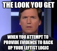 That look - Tucker Carlson hearing out liberal left arguments | THE LOOK YOU GET; WHEN YOU ATTEMPT TO PROVIDE EVIDENCE TO BACK UP YOUR LEFTIST LOGIC | image tagged in liberal logic,college liberal,libtard,trump,news | made w/ Imgflip meme maker