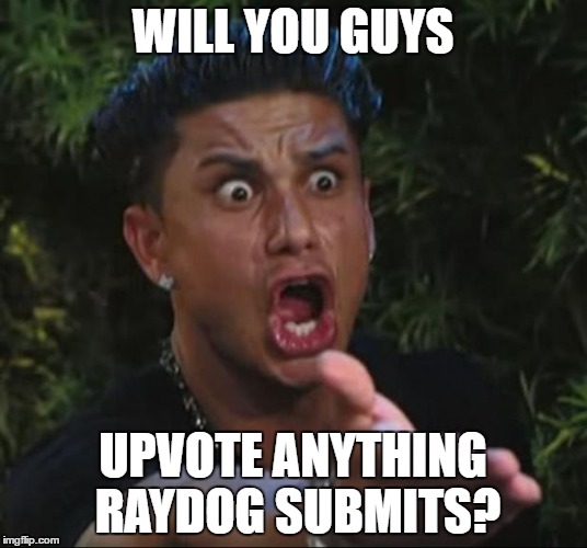 DJ Pauly D | WILL YOU GUYS; UPVOTE ANYTHING RAYDOG SUBMITS? | image tagged in memes,dj pauly d | made w/ Imgflip meme maker