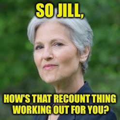 Jill Stein | SO JILL, HOW'S THAT RECOUNT THING WORKING OUT FOR YOU? | image tagged in jill stein | made w/ Imgflip meme maker
