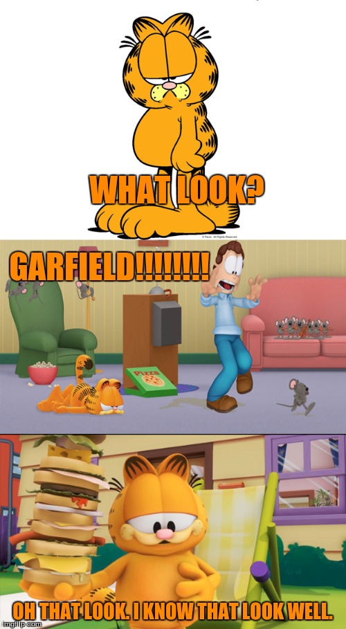 WHAT LOOK? OH THAT LOOK. I KNOW THAT LOOK WELL. GARFIELD!!!!!!!! | made w/ Imgflip meme maker