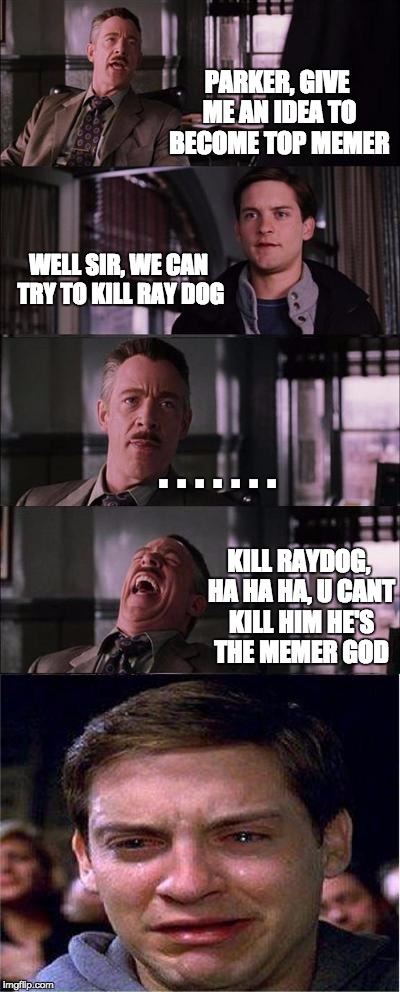 Peter Parker Cry | PARKER, GIVE ME AN IDEA TO BECOME TOP MEMER; WELL SIR, WE CAN TRY TO KILL RAY DOG; . . . . . . . KILL RAYDOG, HA HA HA, U CANT KILL HIM HE'S THE MEMER GOD | image tagged in memes,peter parker cry | made w/ Imgflip meme maker