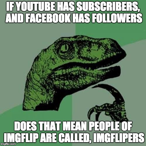 Philosoraptor | IF YOUTUBE HAS SUBSCRIBERS, AND FACEBOOK HAS FOLLOWERS; DOES THAT MEAN PEOPLE OF IMGFLIP ARE CALLED, IMGFLIPERS | image tagged in memes,philosoraptor | made w/ Imgflip meme maker