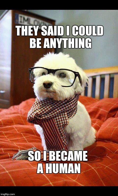 Intelligent Dog | THEY SAID I COULD BE ANYTHING; SO I BECAME A HUMAN | image tagged in memes,intelligent dog | made w/ Imgflip meme maker