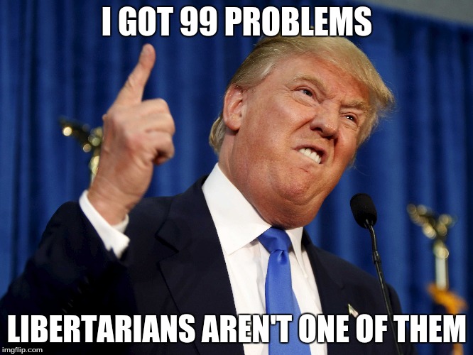 I GOT 99 PROBLEMS; LIBERTARIANS AREN'T ONE OF THEM | image tagged in donald trump | made w/ Imgflip meme maker