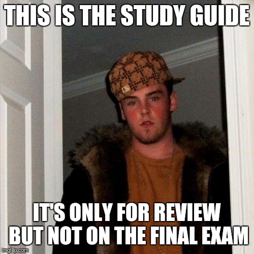 Scumbag Steve | THIS IS THE STUDY GUIDE; IT'S ONLY FOR REVIEW BUT NOT ON THE FINAL EXAM | image tagged in memes,scumbag steve | made w/ Imgflip meme maker