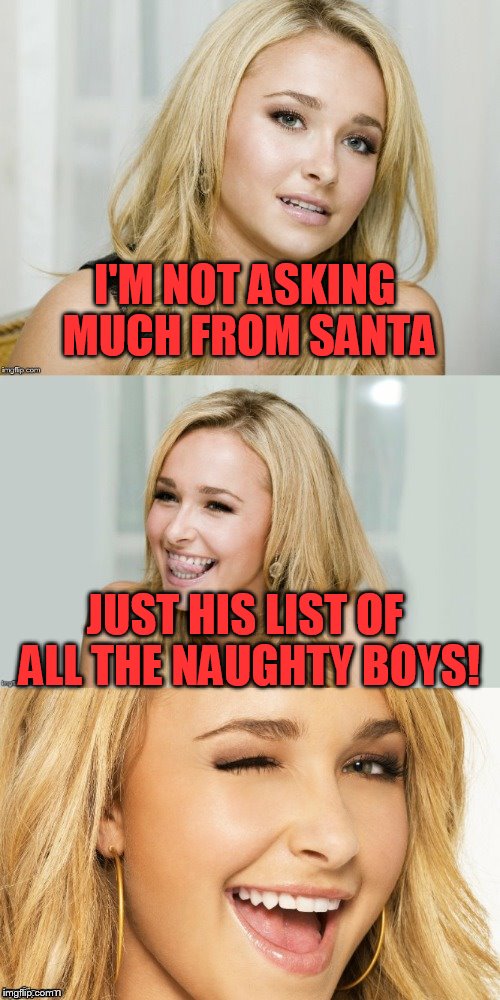Bad Pun Hayden Panettiere |  I'M NOT ASKING MUCH FROM SANTA; JUST HIS LIST OF ALL THE NAUGHTY BOYS! | image tagged in bad pun hayden panettiere | made w/ Imgflip meme maker