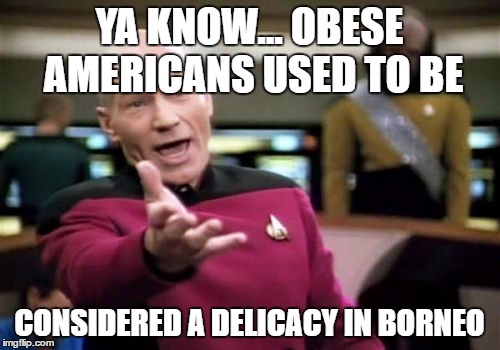 Picard Wtf Meme | YA KNOW... OBESE AMERICANS USED TO BE CONSIDERED A DELICACY IN BORNEO | image tagged in memes,picard wtf | made w/ Imgflip meme maker