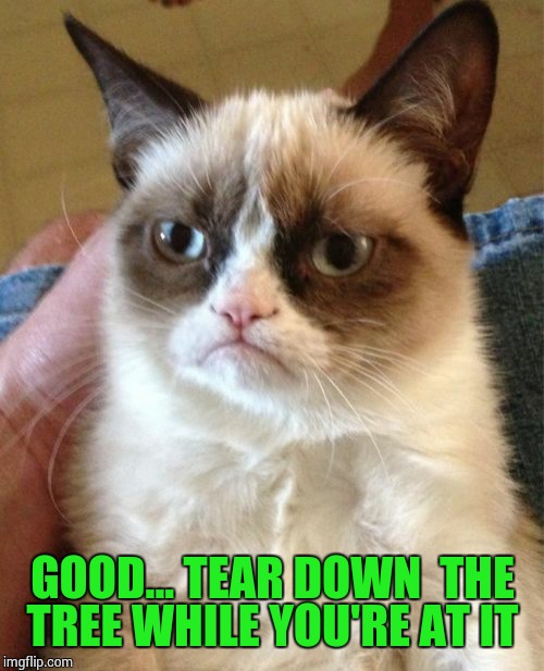 Grumpy Cat Meme | GOOD... TEAR DOWN  THE TREE WHILE YOU'RE AT IT | image tagged in memes,grumpy cat | made w/ Imgflip meme maker