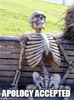 Waiting Skeleton Meme | APOLOGY ACCEPTED | image tagged in memes,waiting skeleton | made w/ Imgflip meme maker