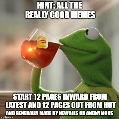 But That's None Of My Business | HINT: ALL THE REALLY GOOD MEMES; START 12 PAGES INWARD FROM LATEST AND 12 PAGES OUT FROM HOT; AND GENERALLY MADE BY NEWBIES OR ANONYMOUS | image tagged in memes,but thats none of my business,kermit the frog | made w/ Imgflip meme maker