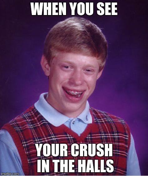 Bad Luck Brian | WHEN YOU SEE; YOUR CRUSH IN THE HALLS | image tagged in memes,bad luck brian | made w/ Imgflip meme maker