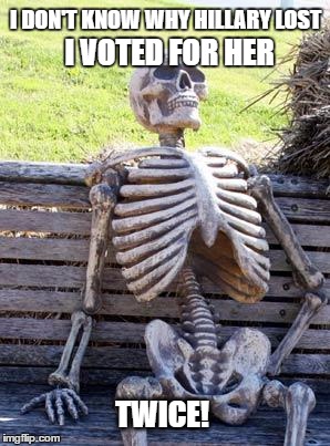still waiting for recount | I VOTED FOR HER; I DON'T KNOW WHY HILLARY LOST; TWICE! | image tagged in memes,waiting skeleton,loser hillary,recount | made w/ Imgflip meme maker